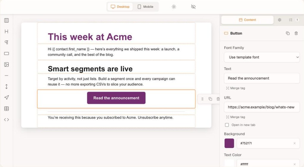Drag-and-drop email builder: block palette, canvas with a composed email, and button inspector