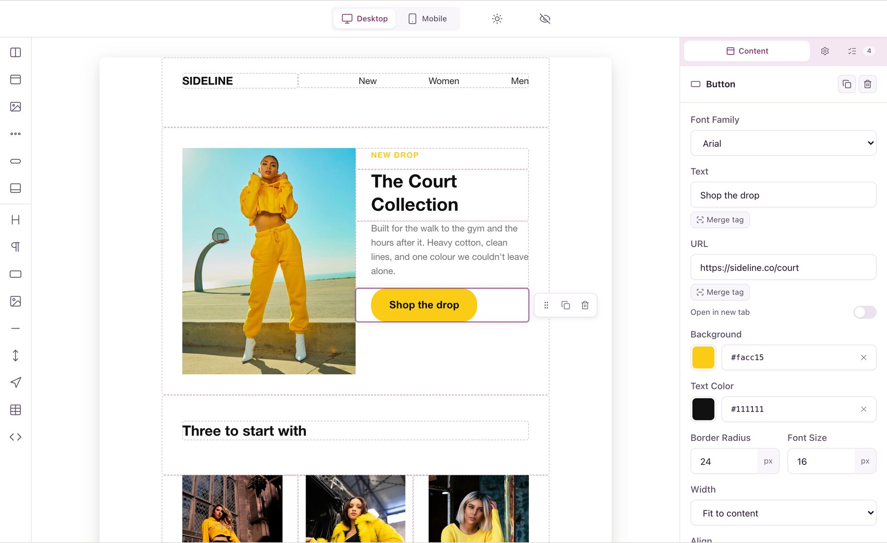The drag-and-drop editor with a streetwear promo template open and its button block selected for styling