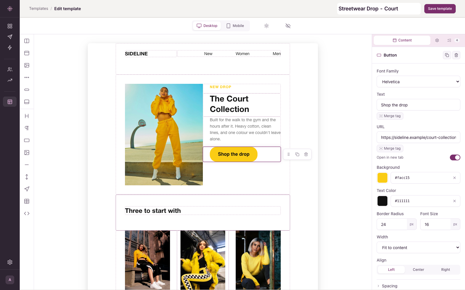 Drag-and-drop editor: A button block selected, with its styling panel open.
