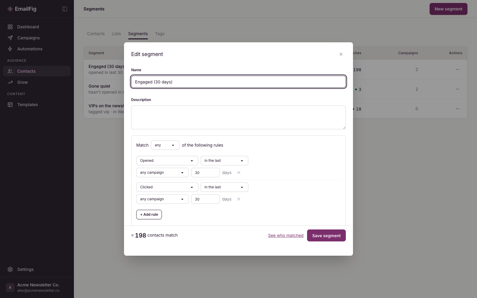 Segment builder: Rules on the left, a live match count before you save.