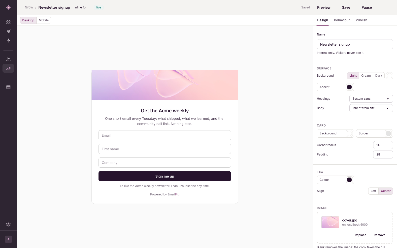 Signup form editor: The form on the left, its design and fields on the right.